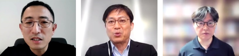 （画像）セッション2　企業からのプレゼンテーションの様子（左：杭州博楽工業設計社（中国）　CEO　チョウ・リガン氏、中央：KDDI株式会社　総務本部　知的財産室長　大野　拓哉氏、右：Unity Technologies Korea社（韓国）　エバンジェリズム本部長　キム・ボンジュ氏）