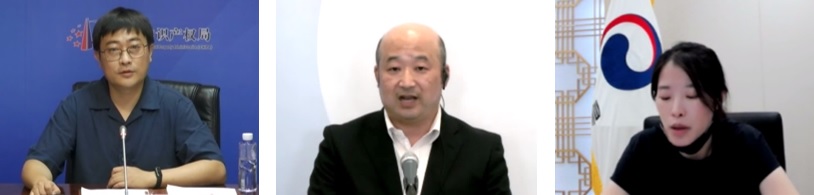 （画像）セッション2　官庁からのプレゼンテーションの様子（左：CNIPA　ガオ・シャン　外観設計審査部　調研員、中央：JPO　大峰　勝士　意匠課　意匠制度企画室長、右：KIPO　グ・ジョンミン　デザイン審査政策課　課長補佐）
