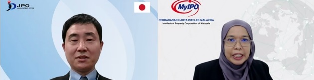 （画像）開会挨拶の様子 JPO：岡本国際協力課地域協力室長（写真左）、MyIPO：シャリファ・ナディア意匠・回路配置課課長（写真右）