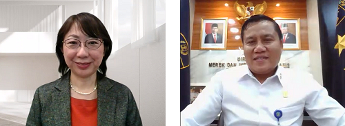 Photo - Opening Remarks from the JPO and DGIP. Ms. YOSHINO Sachiyo, Director, International Cooperation Division, JPO (left),and Mr. Kurniaman Telaumbanua, Director of Trademarks and GI, DGIP (right)