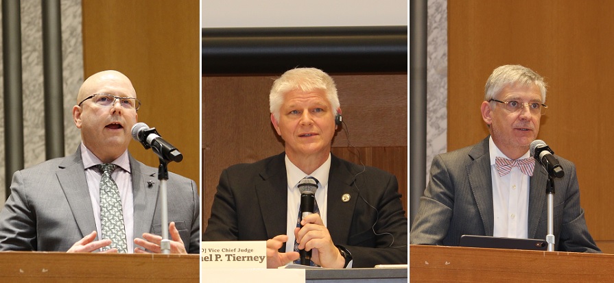 （写真3）海外ゲスト（左から米国特許商標庁のScott Boalick首席審判長、同庁のMichael Tierney 首席審判長代理、欧州特許庁のIngo Beckedorf 部門長）