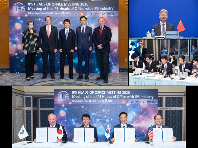 Photo - Group photo of the IP5 Heads of Office Meeting 
(Picture upper left) From left to right: Ms. Jorgenson, Deputy Director General of the WIPO; Mr. Squires, Under Secretary of Commerce for Intellectual Property and Director of the USPTO; Mr. KASAI, Commissioner of the JPO; Dr. KIM, Minister of the MOIP; Mr. Campinos, President of the EPO
(Picture upper top right) Online participant Mr. Zhang, Deputy Commissioner of the CNIPA 
(Picture upper bottom right) Scene from the Meeting of the IP5 Heads of Office with IP5 Industry 
(Picture lower row) Signing for the joint statement
