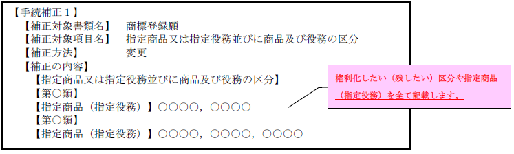 （画像）記入見本：権利化したい（残したい）区分や指定商品（指定役務）を全て記載します。