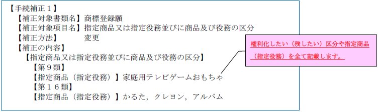 （画像）記入見本：権利化したい（残したい）区分や指定商品（指定役務）を全て記載します。