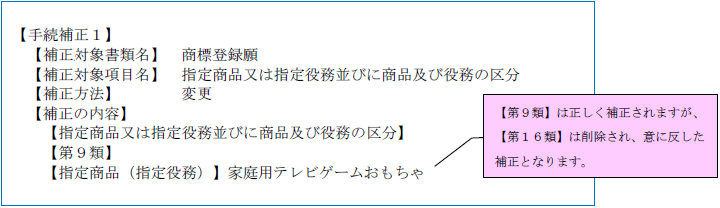 （画像）記入見本：【第9類】は正しく補正されますが、【第16類】は削除され、意に反した補正となります。