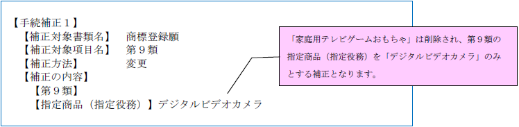 （画像）記入見本：「家庭用テレビゲームおもちゃ」は削除され、第9類の指定商品（指定役務）を「デジタルビデオカメラ」のみとする補正となります。