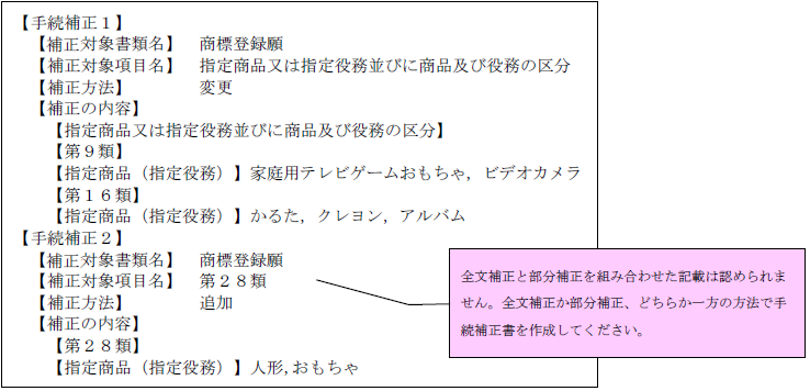 （画像）記入見本：全文補正と部分補正を組み合わせた記載は認められません。全文補正か部分補正、どちらか一方の方法で手続補正書を作成してください。