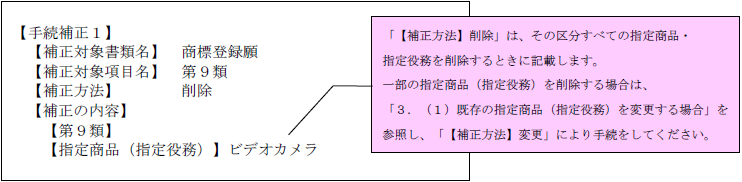 （画像）記入見本：「【補正方法】削除」は、その区分すべての指定商品・指定役務を削除するときに記載します。一部の指定商品（指定役務）を削除する場合は、「3．（1）既存の指定商品（指定役務）を変更する場合」を参照し、「【補正方法】変更」により手続をしてください。