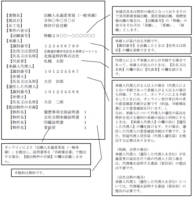 図：（記載例）出願人名義変更届（一般承継）