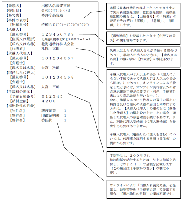 （図）（1）出願人名義変更届を承継人が届け出る場合（承継人手続）の記載例