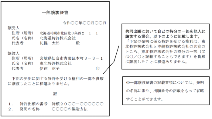 （図）（記載例）一部譲渡証書（自己の持分の一部を譲渡する場合）