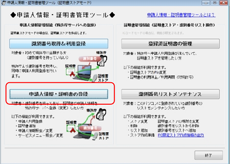 インターネット出願ソフト画面　申請人情報・証明書管理ツール画面の〔申請人情報・証明書の登録〕ボタンをクリックします。