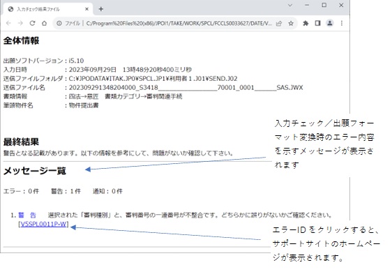 入力チェック／出願フォーマット変換の結果