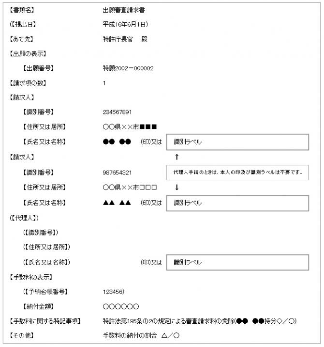 共同出願の出願審査請求書例