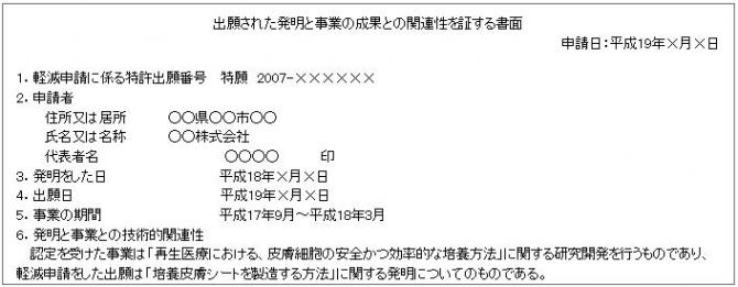 「出願された発明と事業の成果との関連性を証する書面」の例
