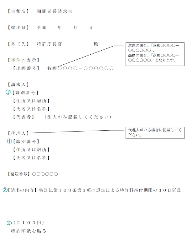 （図）納付期限の30日延長の期間延長請求書（特許の場合の例）