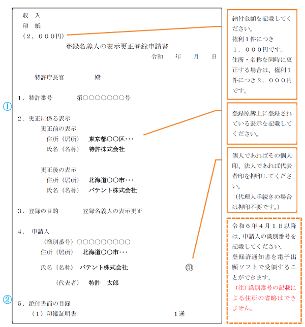 特許権について、住所（居所）・氏名（名称）を更正する場合