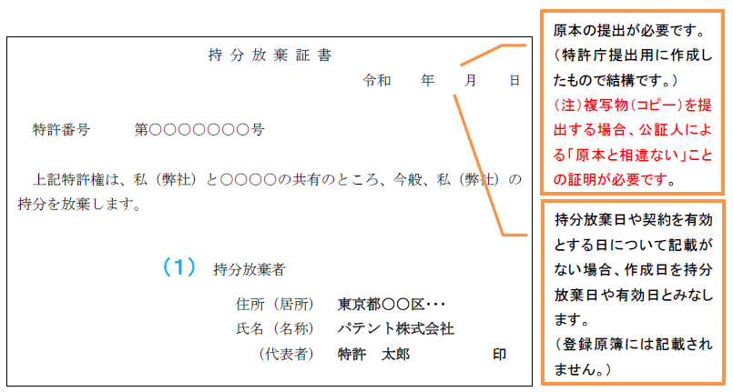 持分放棄証書記載例