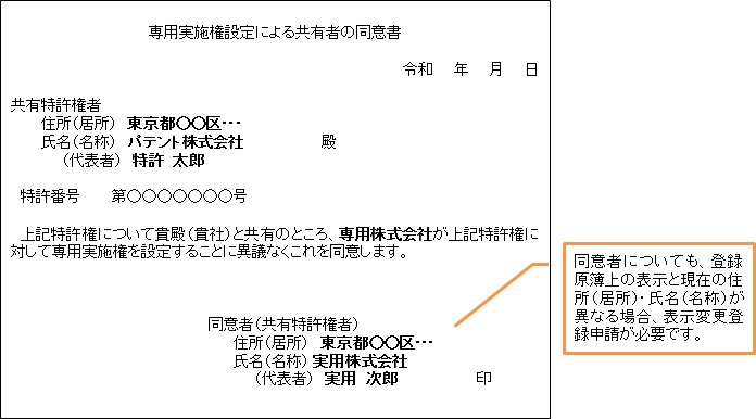 （図）専用実施権設定についての同意書記載例