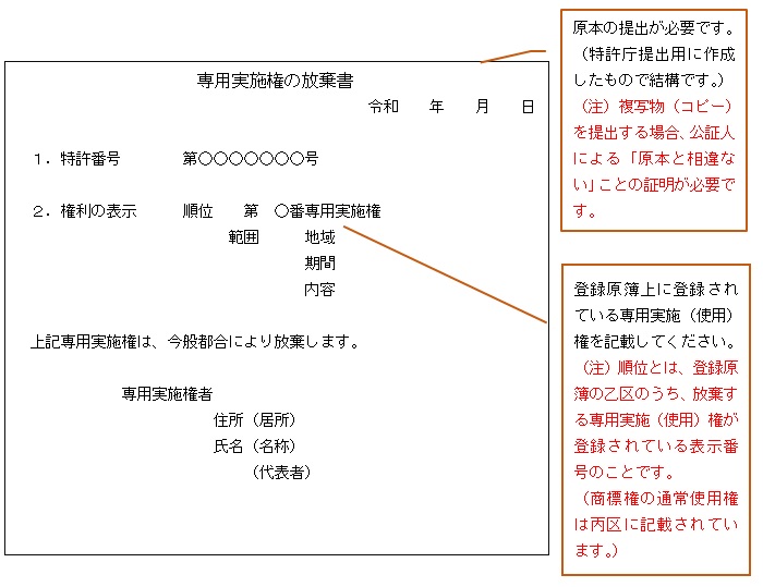 （図）専用実施（使用）権放棄書記載例：特許権の場合