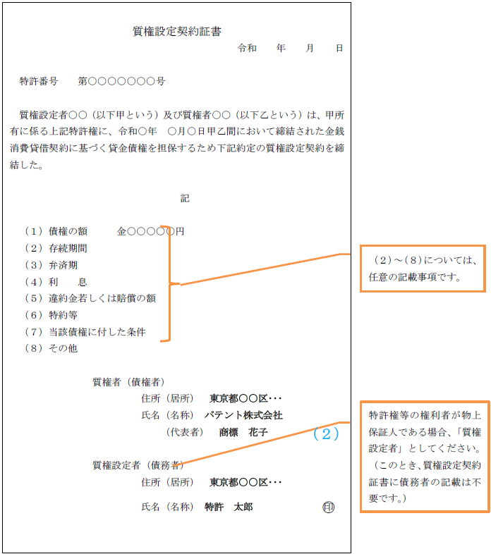 質権設定契約証書記載例：特許権の場合
