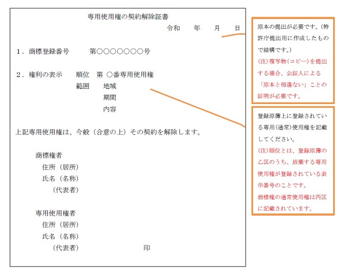 専用使用権契約解除証書記載例