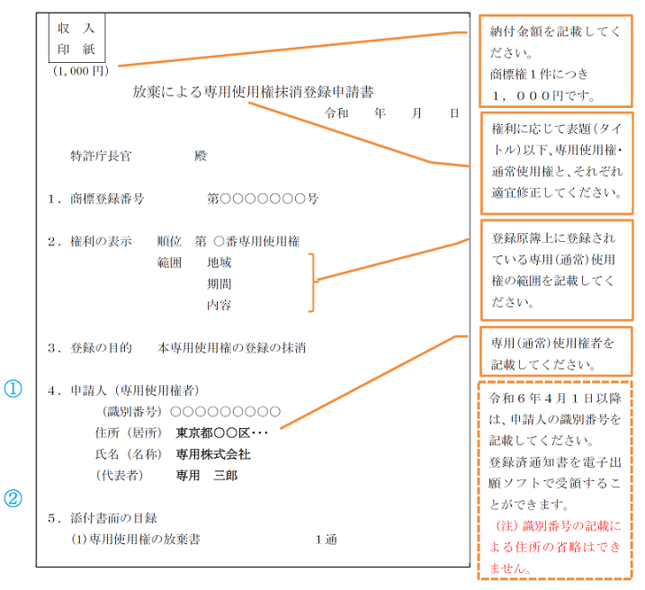 （図）申請書記載例：専用使用権の抹消の場合