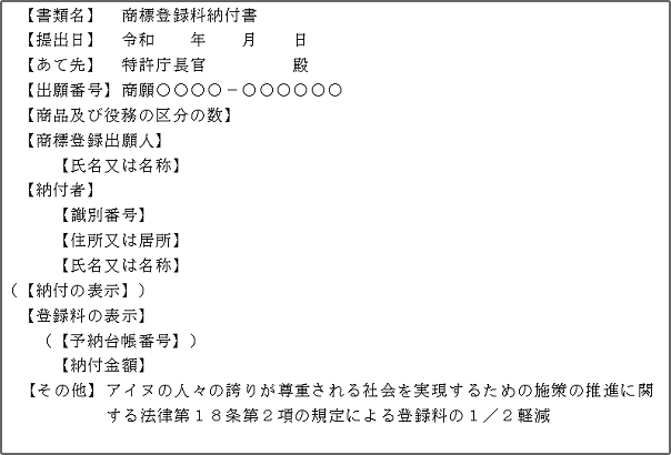 商標登録料納付書記載例（一括納付又は分割納付（前期分）の場合）